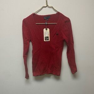 Red Cable Knit V-Neck Sweater